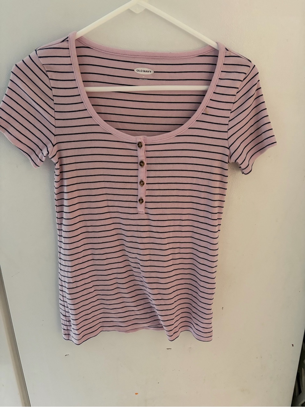 Old Navy Pink and Navy Striped Scoop-Neck Henley Tee